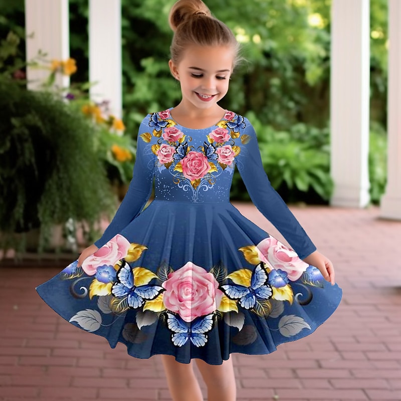Easter Girls' 3D Floral Dress Long Sleeve 3D Print Spring Fall Vacation Sports & Outdoor Daily Cute Casual Beautiful Kids 3-12 Years Casual Dress A Line Dress Above Knee Regular Fit4
