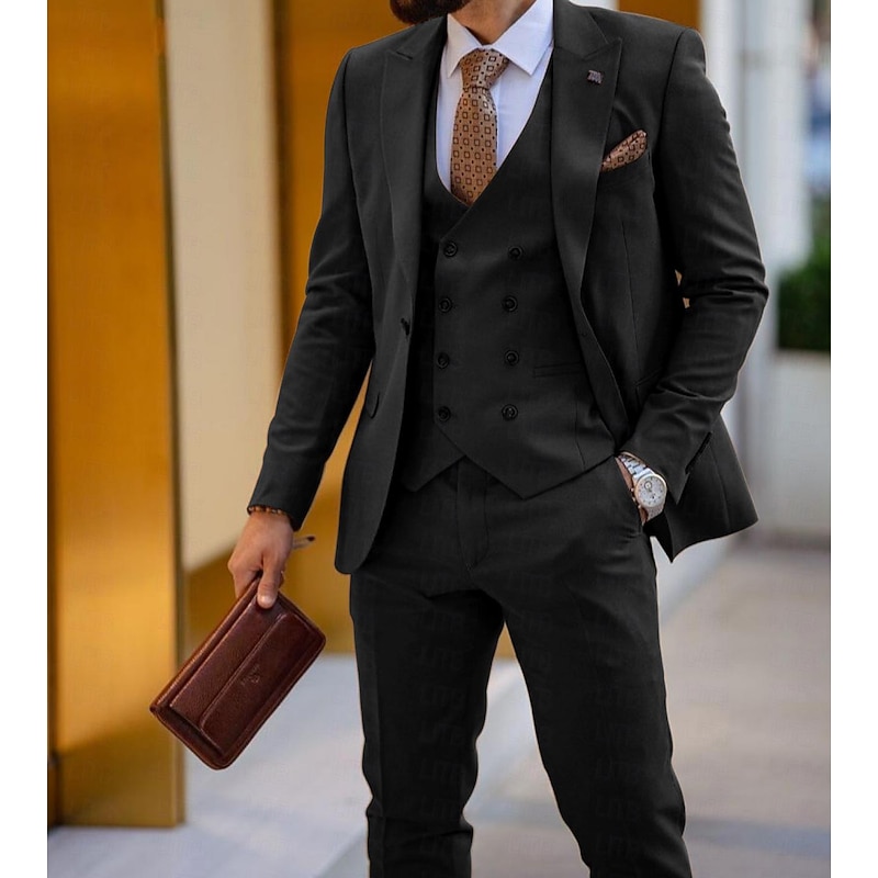 Men's Wedding Party Suits Peaked Lapel Peak Black White Solid Colored Tailored Fit 3 Piece Single Breasted One-button3