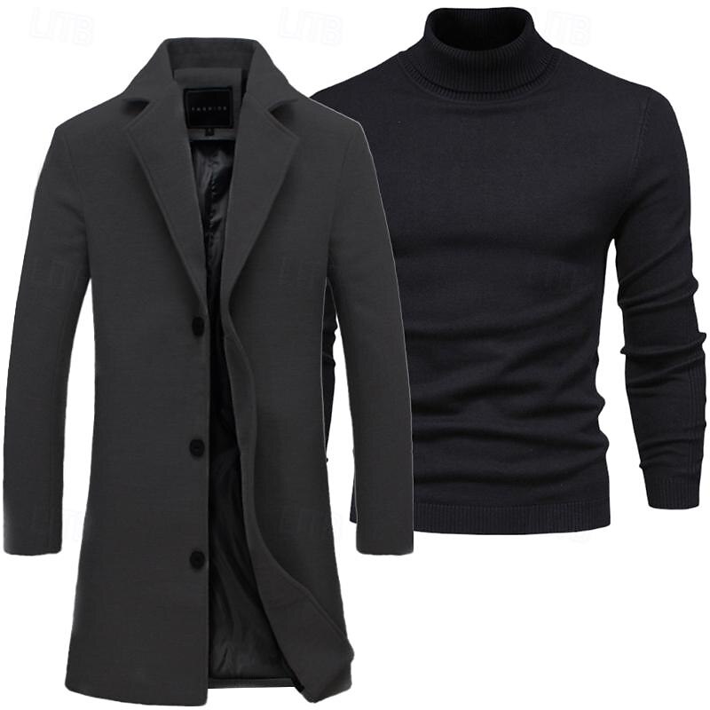 Set with Trench Coat Pullover Men's 2 PCS Outfits Winter Coat Overcoat Daily Wear Winter Thermal Warm Windproof Outerwear Clothing Apparel Fashion Warm Ups Plain Pocket Lapel Single Breasted4
