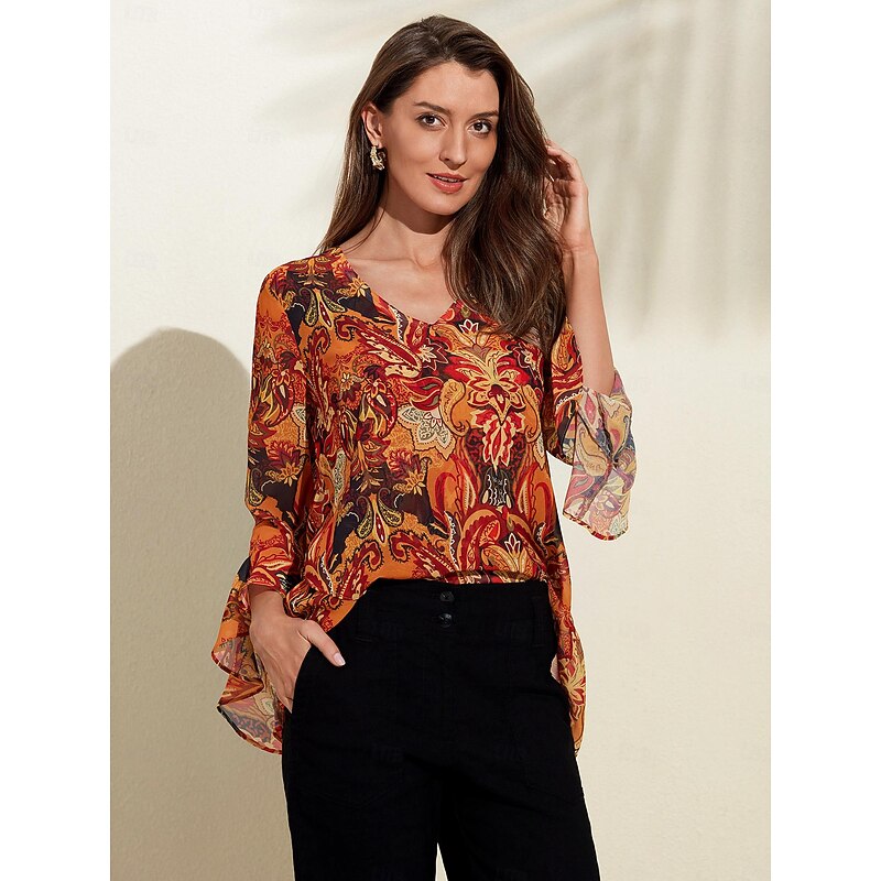 Chiffon Paisley Ruffle Sleeve Blouse