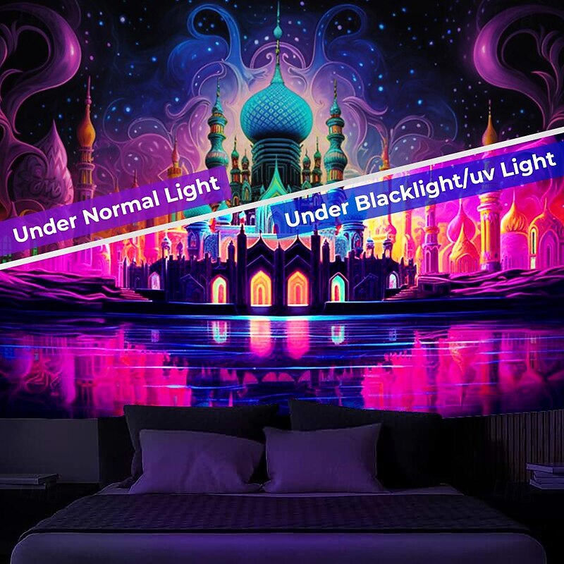 Ramadan Mosque Blacklight Tapestry UV Reactive Glow in the Dark Trippy Misty Nature Landscape Hanging Tapestry Wall Art Mural for Living Room Bedroom3