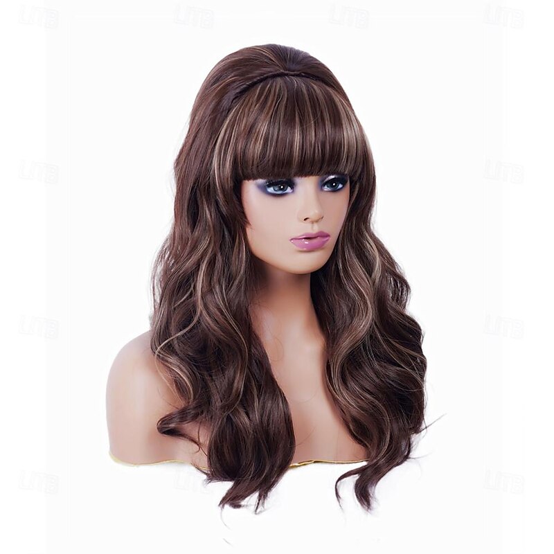 Long Brown Mixed Wig with Bang Retro Bouffant Beehive Wigs fits 80s Costume or Carnival Party Halloween Wigs4