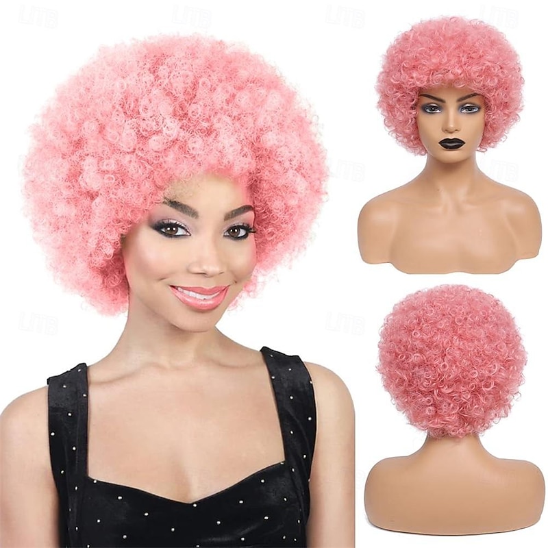 Afro Curly Wigs for Black Women 8 Inch Short Curly Wig with Bangs Heat Resistant Synthetic Pink Wigs for Black Women Natural Looking Afro Kinky Curly Wig for Daily Party Cosplay Use Halloween Wigs