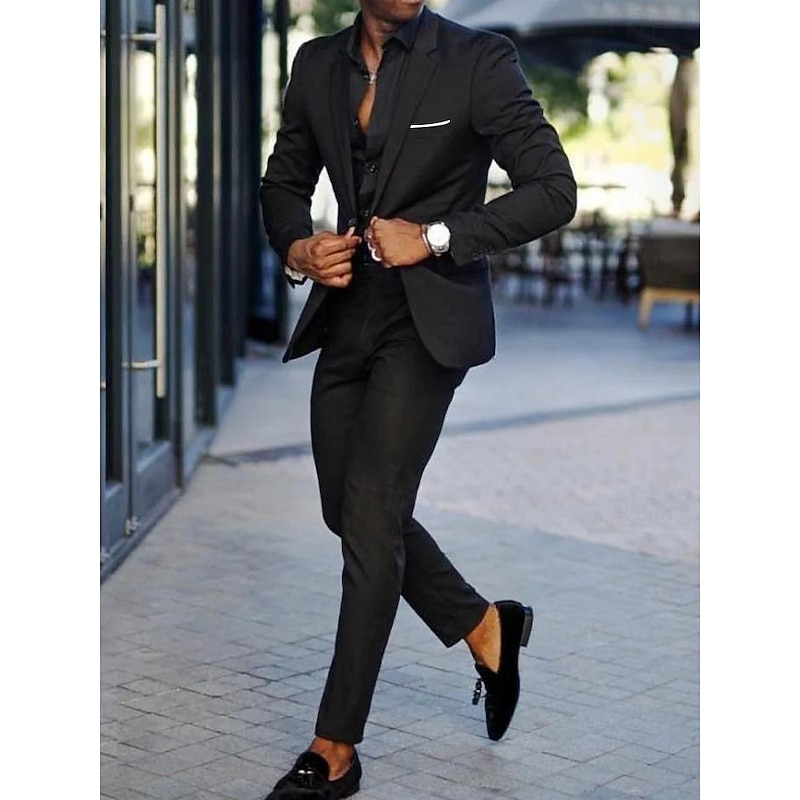Men's Wedding Party Suits Notch Notch Lapel Black Dark Navy Business Casual Solid Colored Tailored Fit 2 Piece Single Breasted One-button