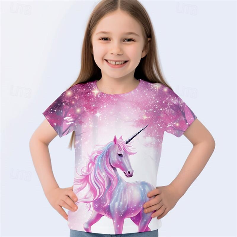 Girls' 3D Unicorn Tee Shirt Pink Short Sleeve 3D Print Summer Active Fashion Cute Polyester Kids 3-12 Years Crew Neck Outdoor Casual Daily Regular Fit3