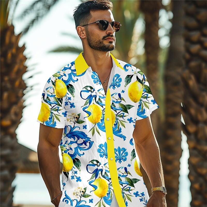 Men's Lemon Shirt Summer Hawaiian Shirt Aloha Shirt Short Sleeve Shirt Turndown Vacation Hawaiian Outdoor Vacation Hawaiian Yellow Blue Purple S M L