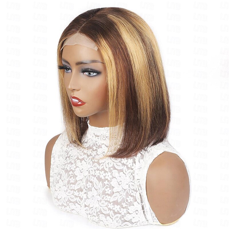 Highlight Wig Human Hair Bob Wig P4/27 4x4 Short Straight Bob Lace Wig2