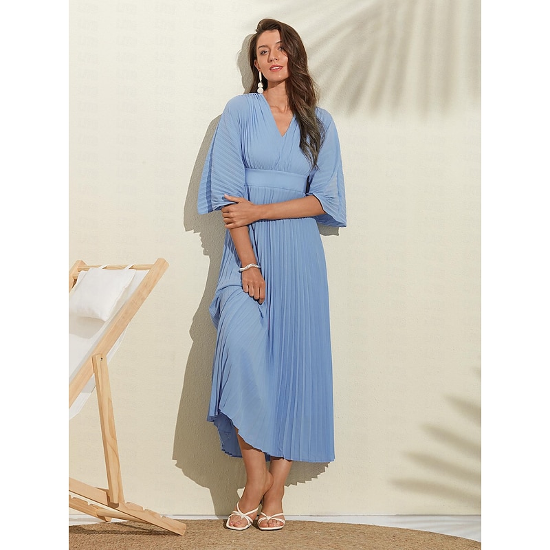Women's Wedding Guest Dress Maxi Blue V-Neck Dolman Sleeve Pleated Chiffon3