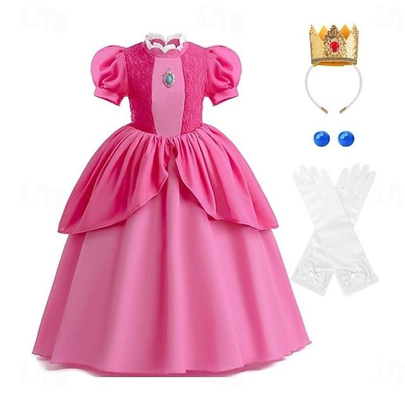 Princess Peach Costume for Girls,Super Brothers Princess Peach Dress for Kids Cosplay Halloween Party Dress Up