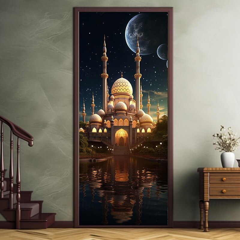 Ramadan Islam Mosque Door Covers Door Tapestry Door Curtain Decoration Backdrop Door Banner for Front Door Farmhouse Holiday Party Decor Supplies3