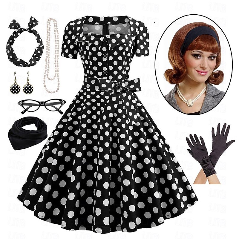 Women's A-Line Rockabilly Dress Polka Dots Swing Dress with Accessories Set 1950s Grease Outfits 60s Retro Vintage with Headband Chiffon Scarf Earrings Pearl Necklace Gloves 7PCS With Costume Wig