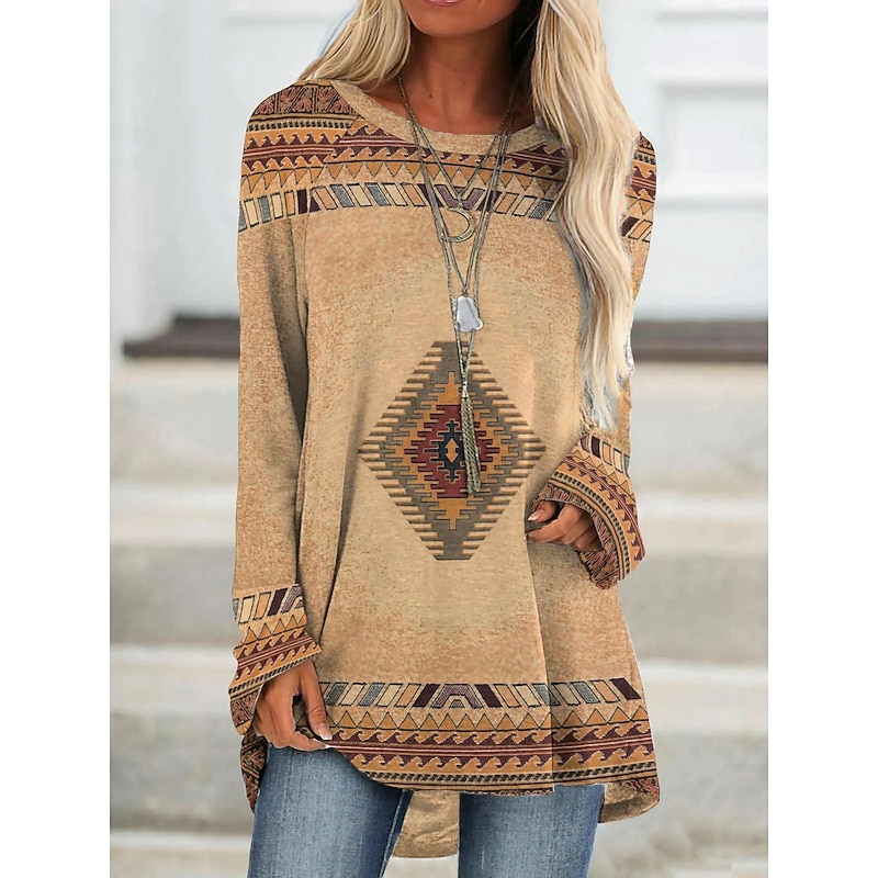 Women's Plus Size T Shirt Tunic Shirts Geometric Plaid Vintage Tunic Ethnic Long Sleeve Round Neck Long Tops Casual Print Marron Yellow Light Green Wine Red Fall & Winter Prefall