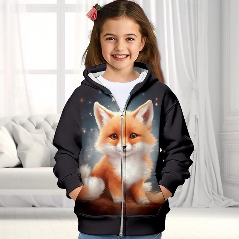 Girls' 3D Fox Hoodie Coat Outerwear Long Sleeve Fall Winter Active Cute Streetwear Polyester Kids 3-12 Years Zip Street Daily Regular Fit