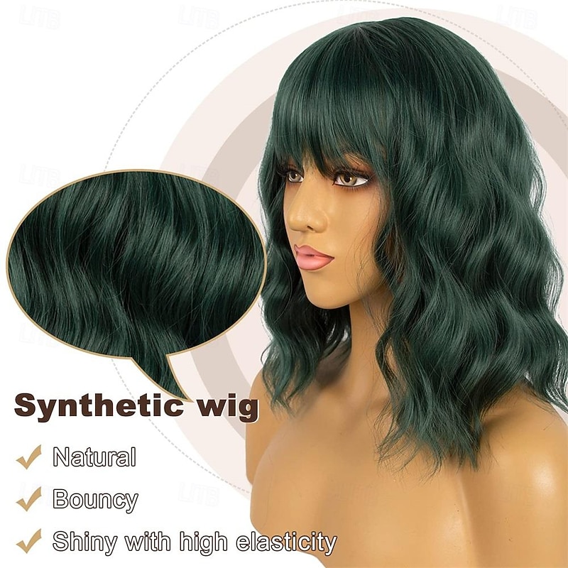 Dark Green Short Bob Wigs with Bangs for Women Loose Wavy Wig Curly Wavy Shoulder Length Bob Synthetic Cosplay Wig for Girl Colorful Costume Wigs St.Patrick's Day Wigs Halloween Wigs2
