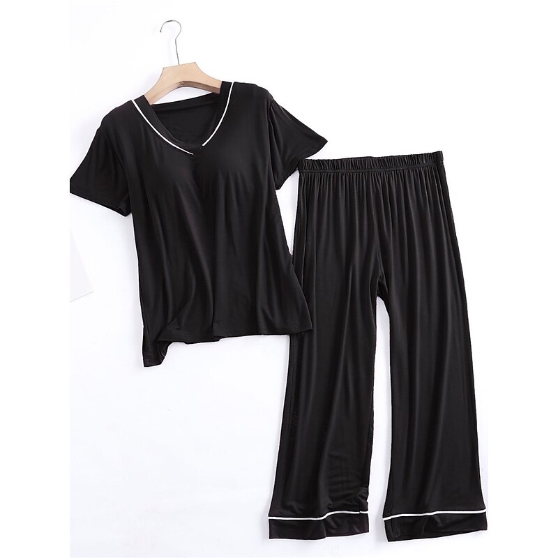 Women's Pajamas Sets Pure Color Fashion Simple Comfort Home Daily Bed Modal Breathable V Wire Short Sleeve T shirt Tee Pant Chest pads Summer Home Outfits2