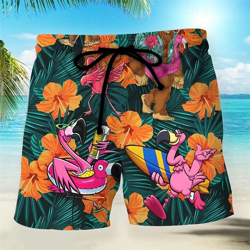 Men's Leaf Flamingo Swim Trunks Swim Shorts Board Shorts Mid Waist Hawaiian Casual Holiday Beach Drawstring with Mesh lining Elastic Waist Designer Clothing Apparel