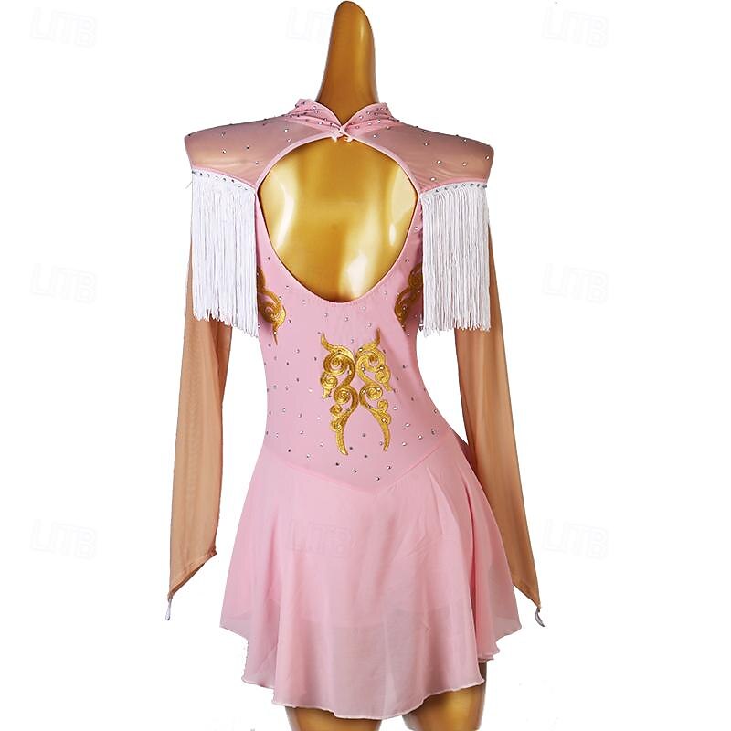 Dance Salsa Latin Dance Dress Rhinestone Tassel Women's Girls' Performance Training Long Sleeve High Spandex Tulle3