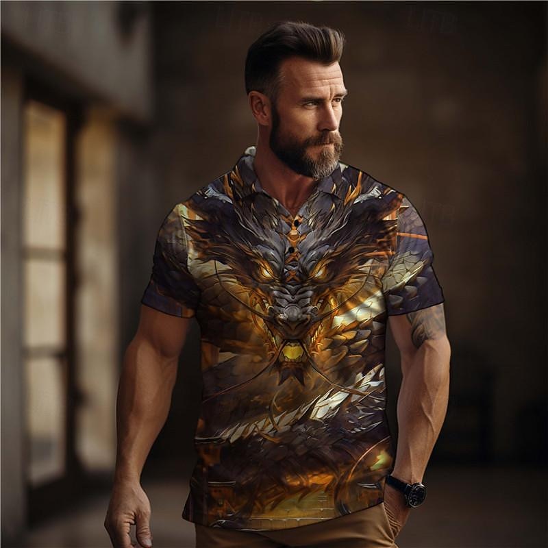 Men's Dragon Golf Shirt Short Sleeve Polo Shirts Collared Shirts Casual Funny Vacation Wear Party Outfits Buttons 3D Print Summer Yellow Wine Red2