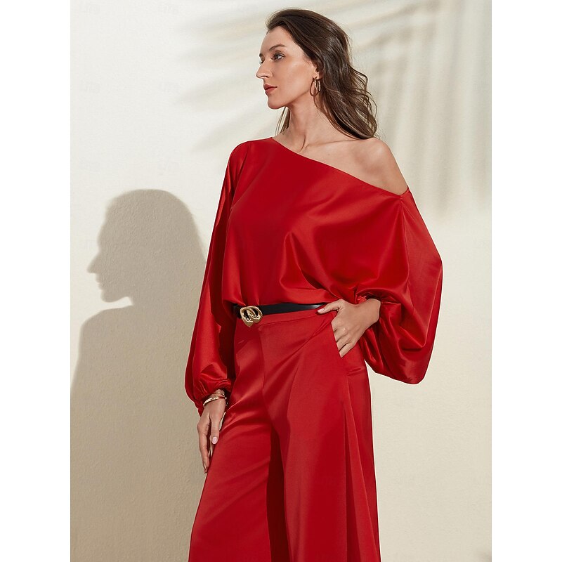 Satin Solid Puff Sleeve Cold Shoulder Culottes Suit4