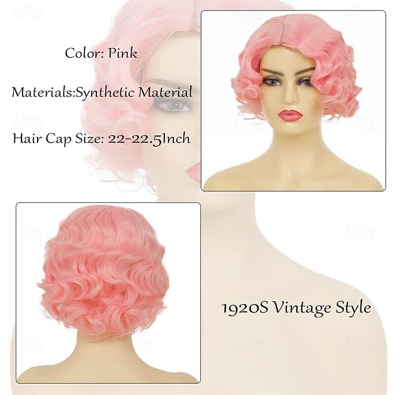 Short Pink Curly Wig for Women 1920S Finger Wave Hair Wig Soft Synthetic Heat Resistant Cosplay Costume Party Wig Halloween Wigs3