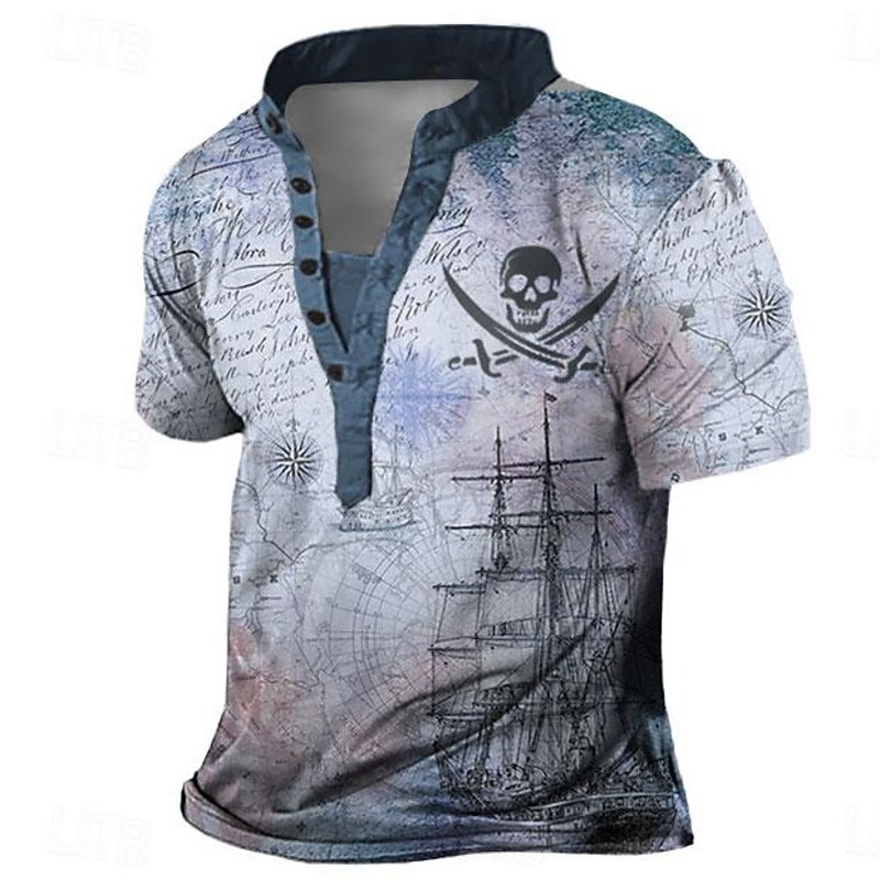Men's Skull Ship Pirate Henley Shirt 3D Print Fashion Retro Vintage Casual Vacation Street Daily Spring & Summer Blue Green Khaki Gray Henley Henley T-Shirt4