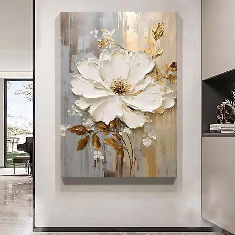 Handpainted Large Flower Texture Painting 3D Texture Painting Gold Floral Abstract Painting Original Gold Wall Art Flower Painting for Living Room Home Decor Stretched Frame Ready to Hang