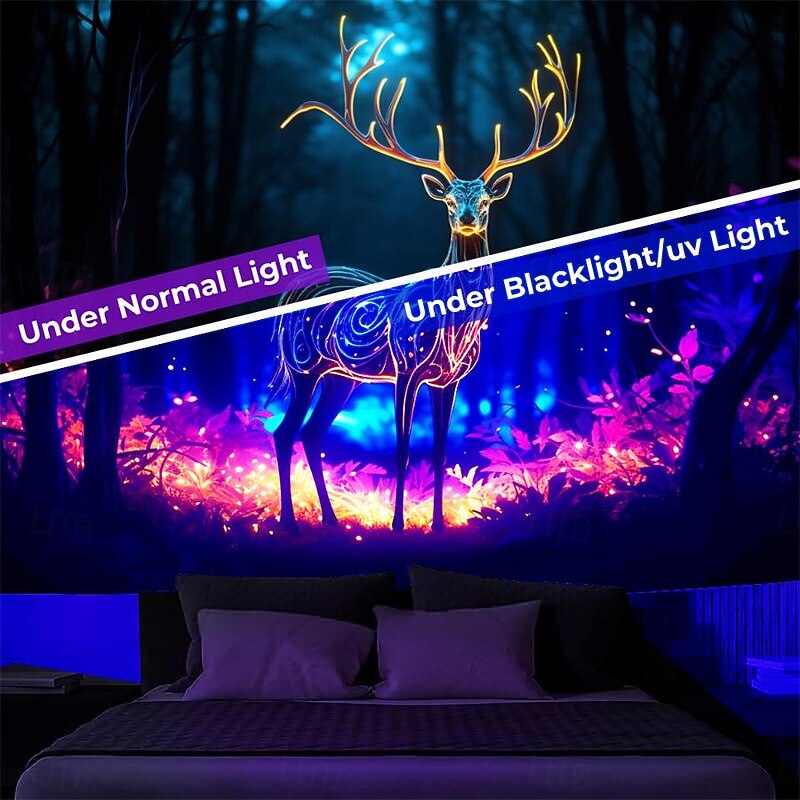 Blacklight Tapestry UV Reactive Glow in the Dark Glow Party Neon Forest Reindeer Psychedelic Trippy Misty Hanging Tapestry Wall Art Mural for Living Room Bedroom2