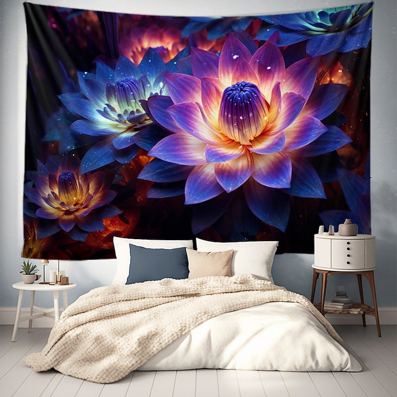 Blacklight Tapestry UV Reactive Glow in the Dark Glow Party Neon Lotus Flower Nature Psychedelic Trippy Misty Hanging Tapestry Wall Art Mural for Living4