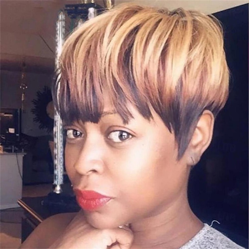 Human Hair Short Bob Pixie Cut Wigs for Black Women Short Layered Wigs with Bangs Brazilian Virgin Human Hair Wigs Glueless Black With Brown Color4