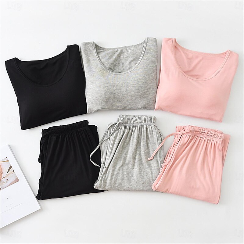Women's Pajamas Sets Pure Color Simple Comfort Home Daily Bed Modal Breathable Crew Neck Long Sleeve T shirt Tee Pant Elastic Waist Summer Spring Home Outfits 27