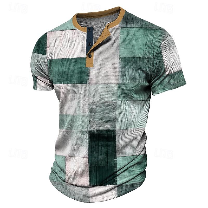 Plaid Faux Patchwork Pattern Men's Fashion Casual 3D Print Waffle Henley T Shirt Tee Sports Outdoor Casual Daily T shirt Blue Brown Green Gray Short Sleeve Henley Shirt Spring & Summer Clothing4