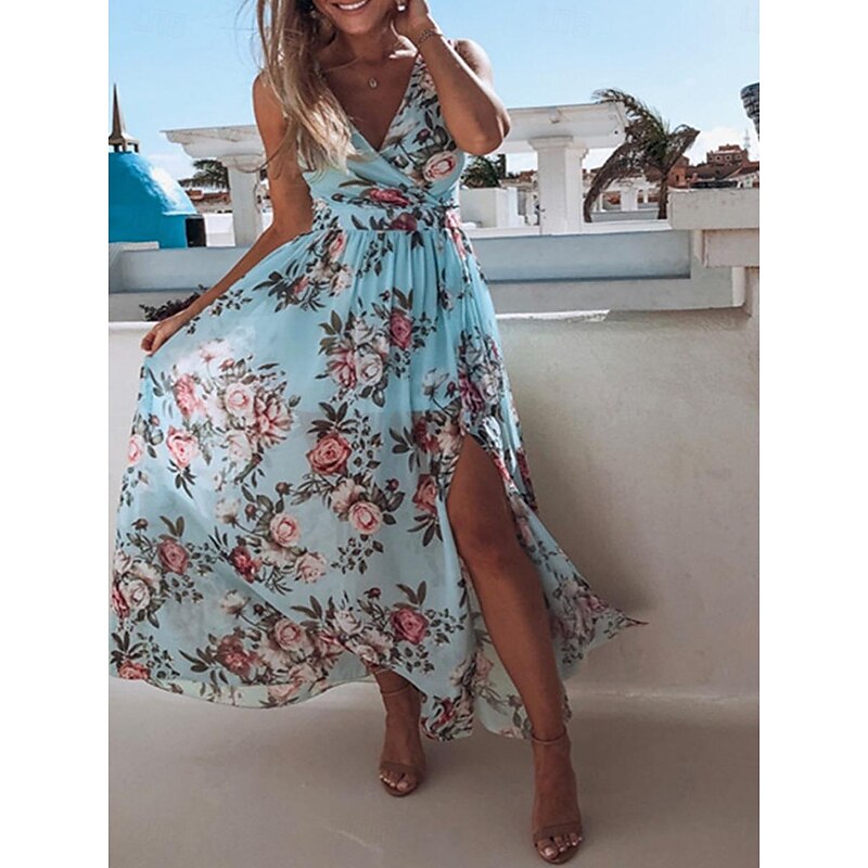 Women's Long Dress Maxi Dress Casual Dress Swing Dress A Line Dress Summer Dress Hawaiian Maxi Boho Vacation Street Holiday Regular Fit Floral Sleeveless V Neck Yellow Pink Green Light Blue Summer4