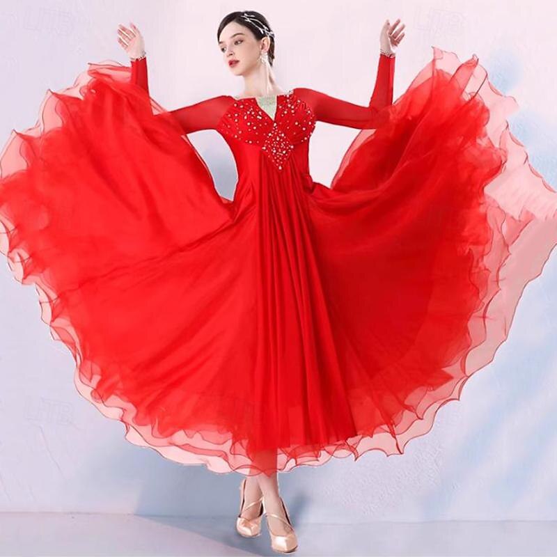 Ballroom Dance Dress Splicing Crystals / Rhinestones Women's Performance Party Long Sleeve Mesh Spandex Organza4