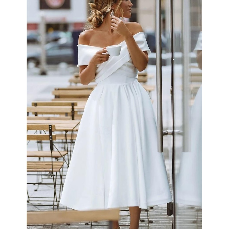 Simple Wedding Dresses Satin Little White Dresses A-Line Off Shoulder Formal Short Sleeve Tea Length Bridal Gowns With Solid Color dress to impress4