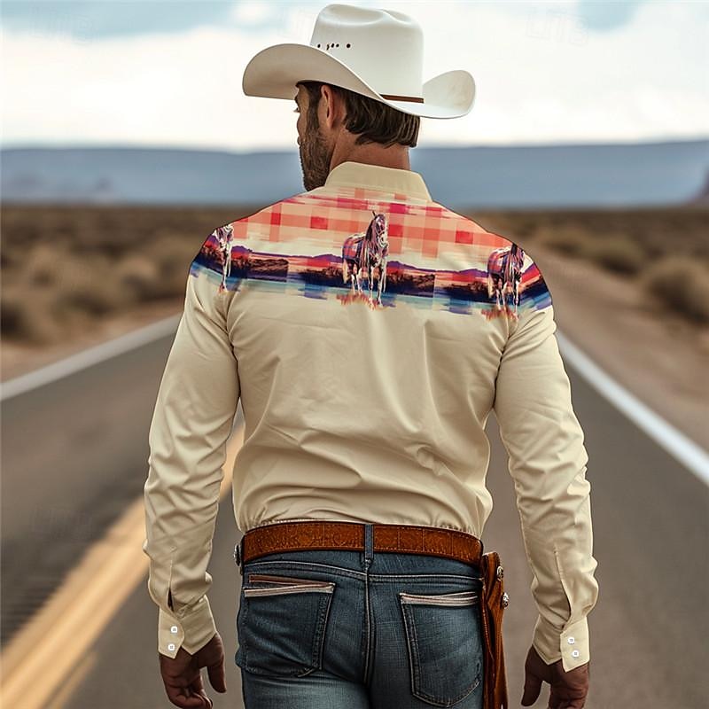 Men's Cowboy Western Shirt Button Up Shirt Cowboy Shirt Long Sleeve Vintage Western Daily Wear Going out Weekend Spring Fall Winter Turndown Collared Shirts 3D Print Front Pocket Blue Green Khaki Gray2