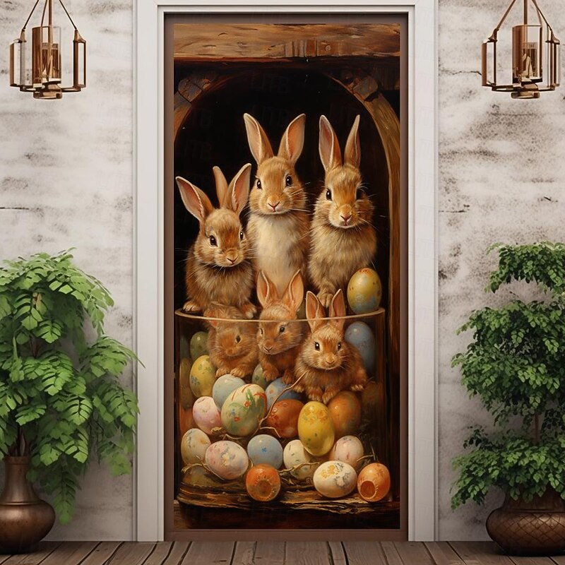 Door Covers Door Decorations Bunny Eggs Mural Decor Door Tapestry Door Curtain Backdrop Door Banner Removable for Front Door Indoor Outdoor Home Room Decoration Farmhouse Decor Supplies4