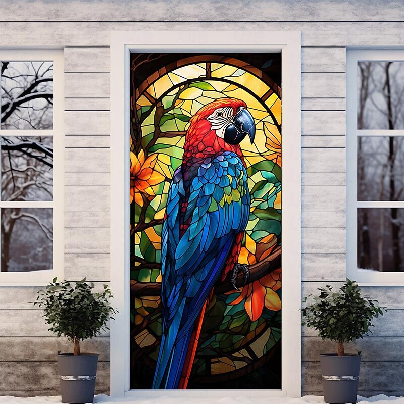 Stained Glass Parrot Door Covers Mural Decor Door Tapestry Door Curtain Decoration Backdrop Door Banner Removable for Front Door Indoor Outdoor Home Room Decoration Farmhouse Decor Supplies4