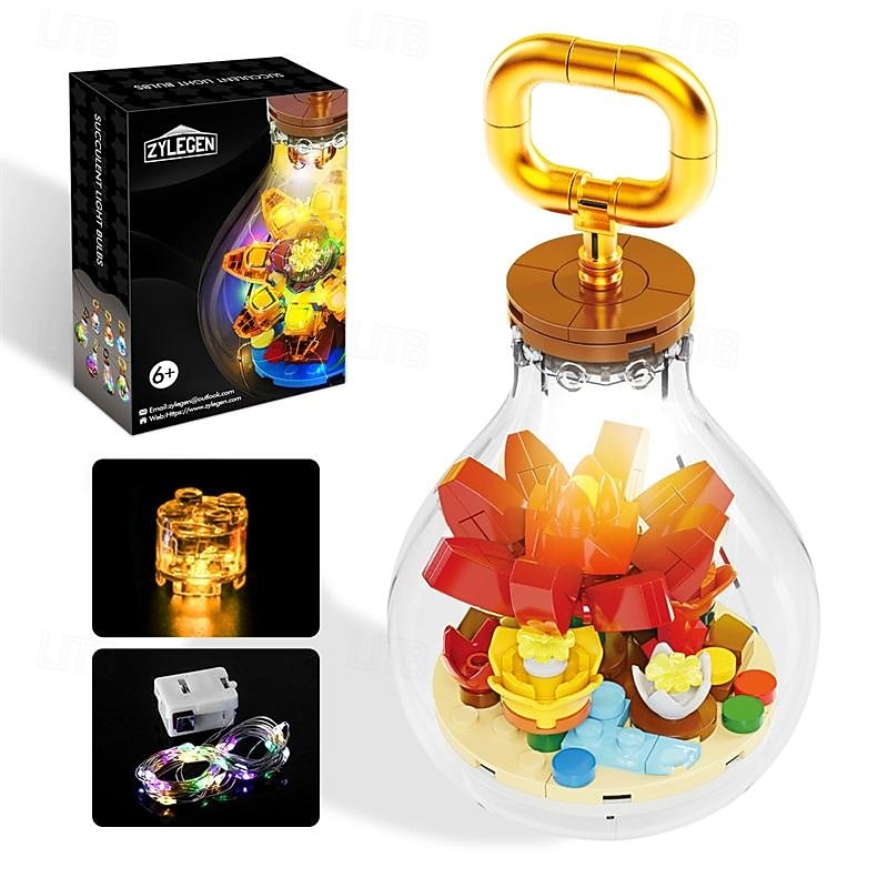 Women's Day Gifts Succulents in Bulbs Building Block Set with 2 LED String Lights DIY 3 Adjustable Flash Speeds Women's Day Mother's Day Gifts for Girls Mother's Day Gifts for MoM3