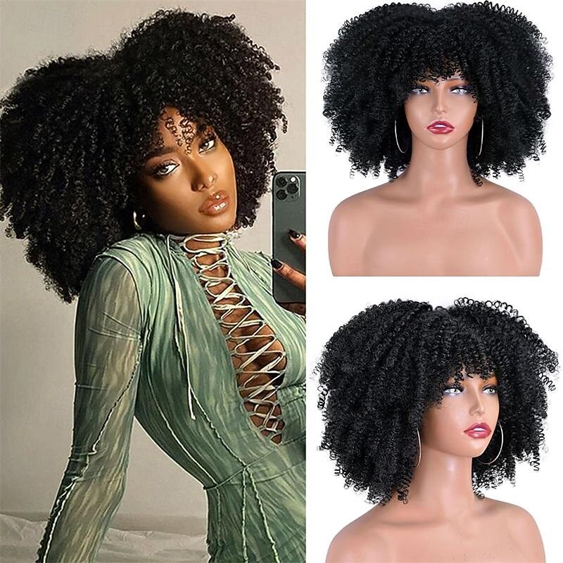 Afro Kinky Curly Wig with Bangs 12 Inches Synthetic Full Wigs Heat Resistant Short Kinky Curly Wigs for Daily Party Halloween Wigs