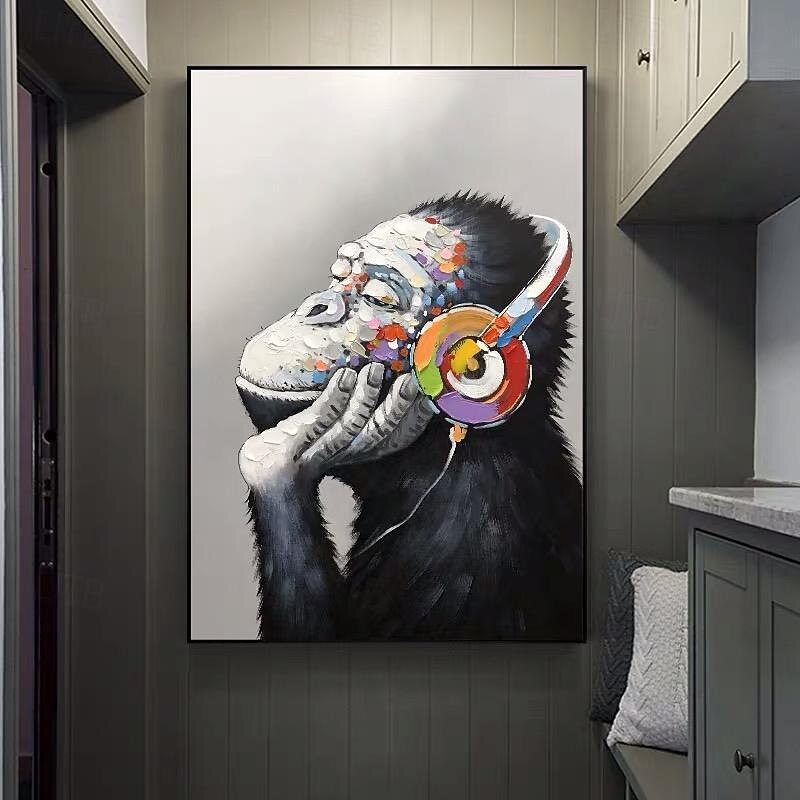 Mintura Handmade Abstract Animal Listen To Music Gorilla Oil Paintings On Canvas Wall Art Decoration Modern Picture For Home Decor Rolled Frameless Unstretched Painting2