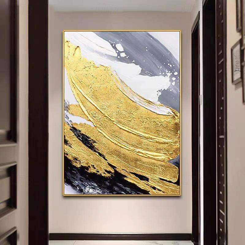 Mintura Handmade Abstract Golden Oil Paintings On Canvas Wall Art Decoration Modern Picture For Home Decor Rolled Frameless Unstretched Painting - Main Image