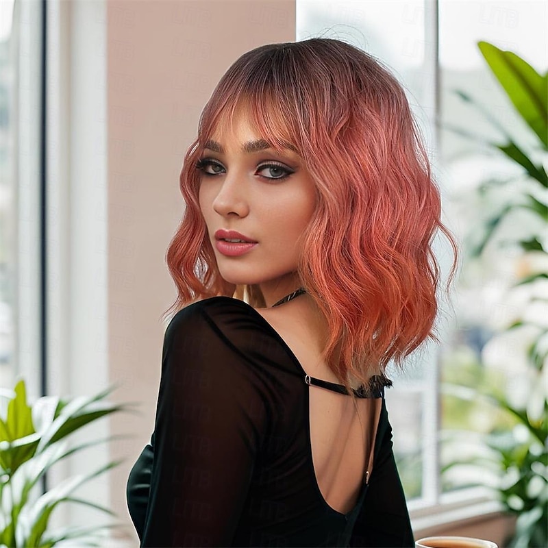 Ombre Pink Wig Short Body Wavy Bob Wigs for Women With Bangs Shoulder Length Synthetic Cosplay Party Wig for Girls Daily Use Colorful Wigs Halloween Wigs3