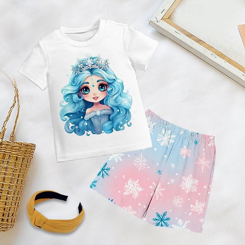 Girls' 3D Snowflake Princess Tee & Pants Pajama Sets Short Sleeve 3D Print Summer Active Fashion Cute Kids 3-12 Years Crew Neck Home Causal Indoor Regular Fit3