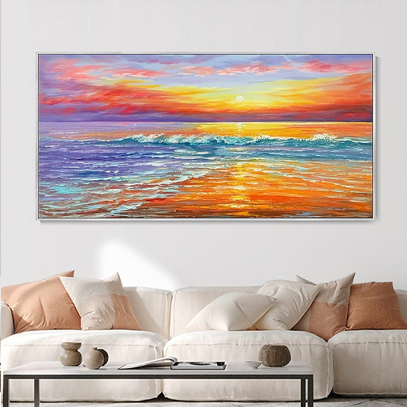 Hand Painted Seascape Sunrise Oil Painting Wall Art Beach Texture Canvas paintingh Wall Art Sea Sunset Cloud Reflection Landscape painting Sofa Background Home Decoration ready to hang or canvas2