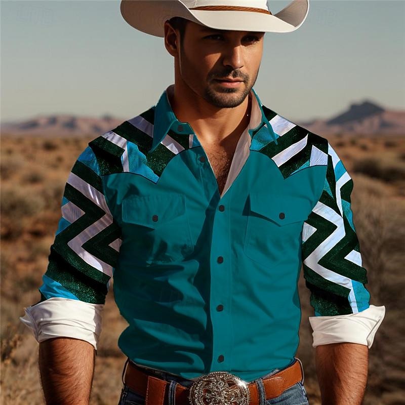 Men's Geometry Western Shirt Button Up Shirt Cowboy Shirt Long Sleeve Vintage Western Daily Wear Weekend Spring Fall Winter Turndown Collared Shirts 3D Print Front Pocket White Blue Brown Green4