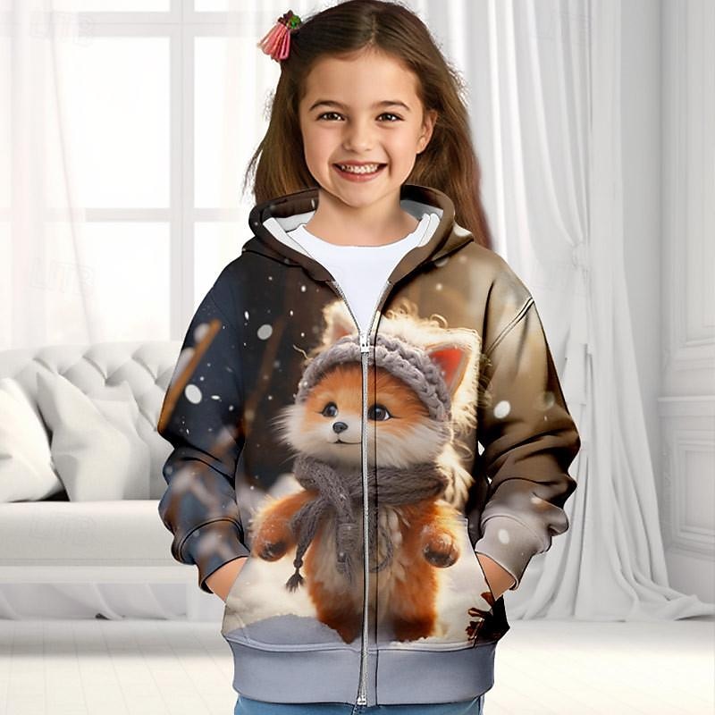 Girls' 3D Fox Hoodie Coat Outerwear Long Sleeve Fall Winter Active Cute Streetwear Polyester Kids 3-12 Years Zip Street Daily Regular Fit4