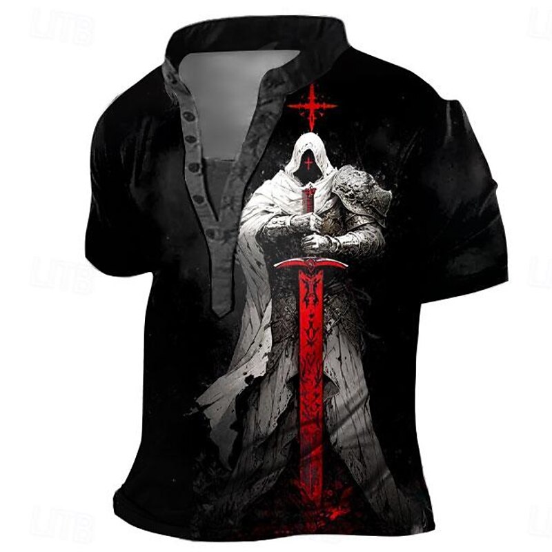 Knights Templar Cross  Men's Gothic Subculture 3D Print Henley Shirt T shirt Tee Daily Vacation Going out T shirt Black/White Black Red Henley Shirt Spring & Summer Clothing Apparel S M L XL XXL XXXL3