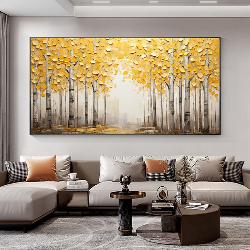 Handmade Original Forest Oil Painting On Canvas Wall Art Decor Abstract Yellow Tree Landscape Painting for Home Decor With Stretched Frame/Without Inner Frame Painting2
