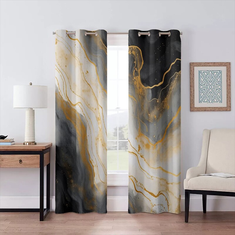2 Panels Marble Pattern Curtain Drapes 100% Blackout Curtain For Living Room Bedroom Kitchen Window Treatments Thermal Insulated Room Darkening4