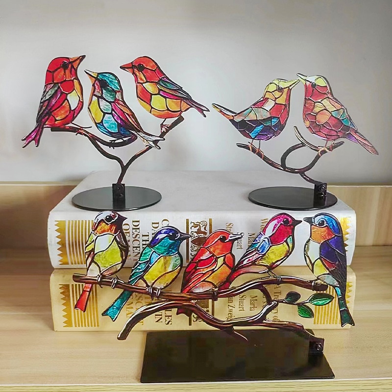 Stained Birds On Branch Desktop Ornaments,Metal Flat Vivid Birds Decorations On Branch,Double Sided Multicolor Hummingbird Craft Statue Table Gift for Bird Lovers